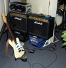 My Rig - My main guitar,a 1991 American Standard Stratocaster, with scalloped frets and DiMarzio Virtual Vintage '54 pickups (all work done by myself); two stock Marshall Valvestate 8080's; Morley A/B/Y box.
